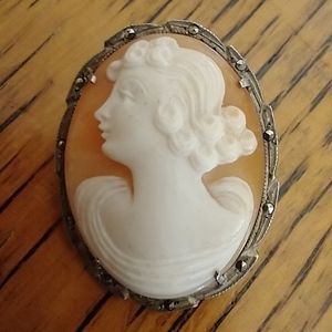 Vintage Cameo Brooch Pendant in 800 Silver and Marcasite Frame